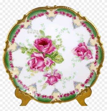 Antique Coronet Limoges Plate Pink Roses Green Border - Rose