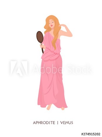 Aphrodite or Venus - goddess of love and beauty, deity or mythological maiden holding mirror