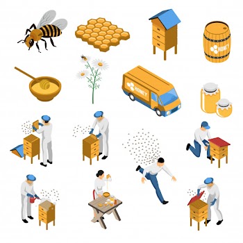 Apiculture isometric set with flowers and bees beekeeper near hive honey in various containers isolated Free Vector