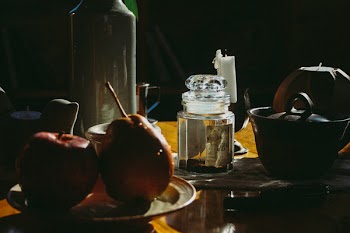 Apple and Pear Near Glass Bottle