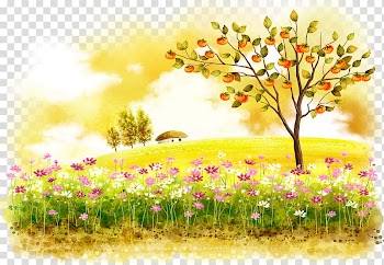 Apple tree beside flower field , Autumn Winter Illustration, Autumn background transparent background PNG clipart