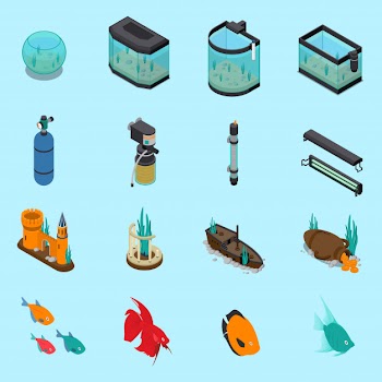 Aquarium icons set Free Vector