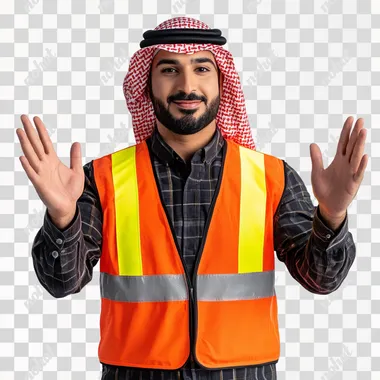 Arab Event Operator in Hi-Vis Vest Welcoming Gesture PNG Arab Event Operator in Hi-Vis Vest Welcoming Gesture PNG