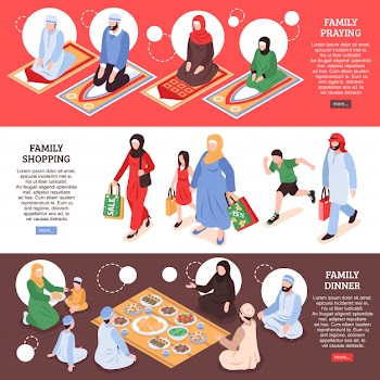 Arab family horizontal banners set with shoping and office symbols isometric isolated Free Vector