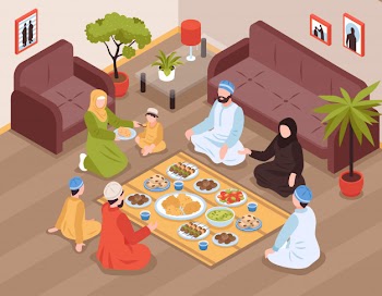 Arab family meal with traditional food and drinks isometric Free Vector