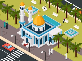 Arab muslims near mosque composition Free Vector