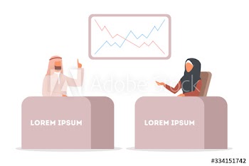 Arabic TV news, woman and man reporting breaking news