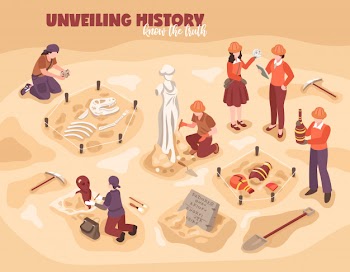Archeology isometric composition scientists during work with historical finds ancient sculpture amphorae dinosaur skeleton vector illustration Free Vector