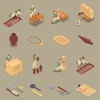 Archeology isometric icons set with antiquity symbols isolated Free Vector