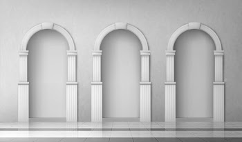 Arches with columns in wall, gates with pillars Free Vector