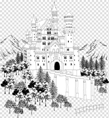 Architecture Castle Black and white, Black and white castle construction line chart transparent background PNG clipart