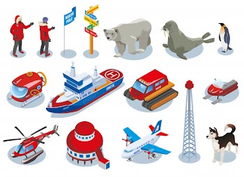 Arctic research isometric scientists polar station northern animals vehicles ice drilling Free Vector