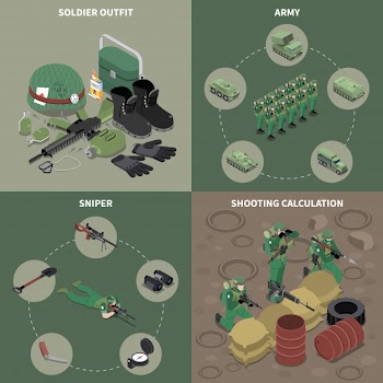 Army 2x2 design concept set of sniper soldier outfit shooting calculation square icons isometric Free Vector