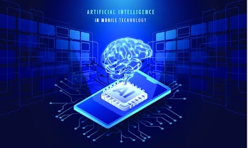 Artificial Intelligence In Mobile Technology concept, isometric illustration of smartphone with AI processor chip on Sci-Fi background.