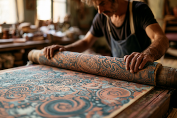Artisan Hand-Printing Colorful Fabric in Vintage Workshop
