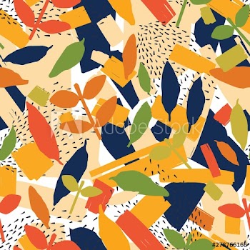 Artistic seamless pattern with colorful autumn foliage, paints stains and marks