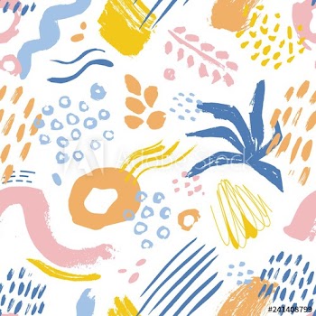 Artistic seamless pattern with colorful paint stains, marks, traces, drops on white background