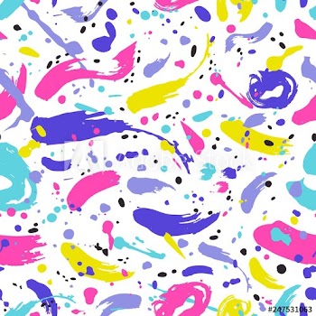 Artistic seamless pattern with vibrant paint stains, marks, traces, drops on white background