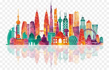 Asia Royalty-free Vector Map Illustration - Colorful city building silhouettes 