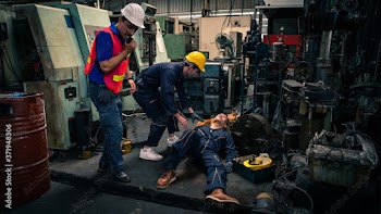 Asian man worker had accident unconscious on the floor at metal lathe factory. Male engineer supervisor talking on walkie talkie for help. Safety in Factory industrial and business insurance concept.