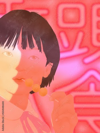 Asian teenage girl eating Hong Kong curry fish balls neon light night