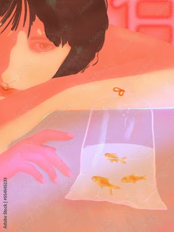 Asian teenage girl looking at goldfish neon light night