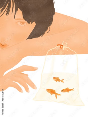 Asian teenage girl looking at goldfish on transparent background