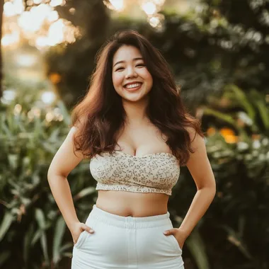 Asian woman confidently standing in front of forest after weight loss Asian woman confidently standing in front of forest after weight loss