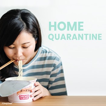 Asian woman eating instant noodles during coronavirus quarantine mocku.. | Free  psd mockup - 2303451