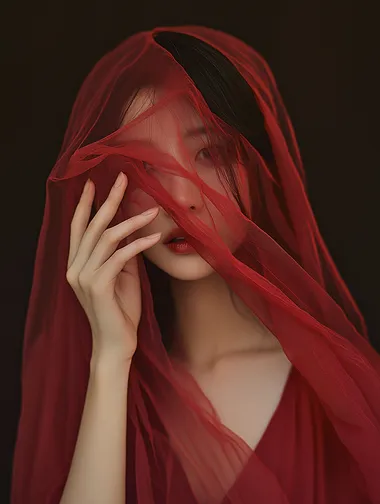 Asian woman in flowing red veil, soft lighting, dreamy minimalism Asian woman in flowing red veil, soft lighting, dreamy minimalism