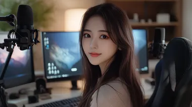 Asian woman live streaming at a desk in a modern home office Asian woman live streaming at a desk in a modern home office