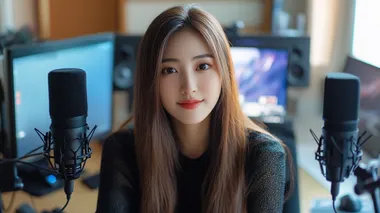 Asian woman live streaming in a recording studio with microphones Asian woman live streaming in a recording studio with microphones