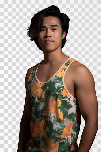 Asian young man wearing tank top, summer pattern, PNG picture