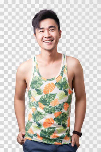 Asian young man wearing tank top, summer pattern, PNG picture