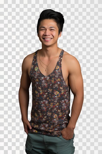 Asian young man wearing tank top, summer pattern, PNG picture