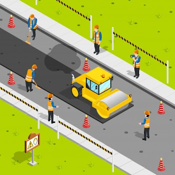 Asphalt laying isometric composition Free Vector