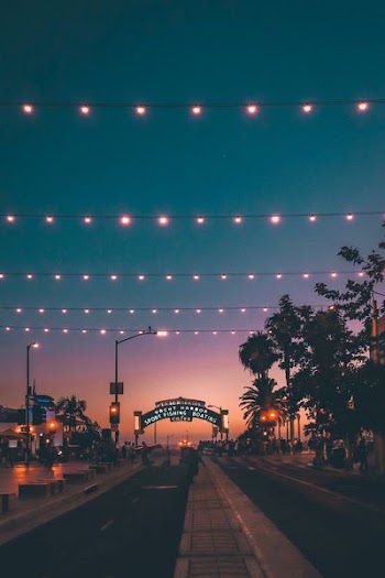 asphalted road at night with string lights on