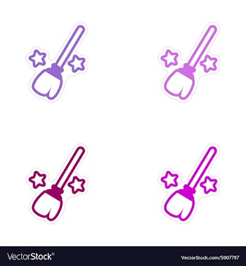Assembly bright stickers witch magic broom with vector image
