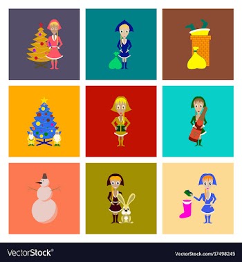Assembly flat christmas girl snowman tree gift box vector image