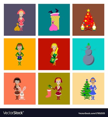 Assembly flat christmas girl snowman tree gift box vector image