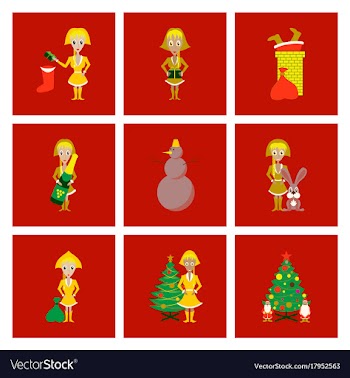 Assembly flat christmas girl snowman tree gift box vector image