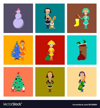 Assembly flat christmas girl snowman tree gift box vector image