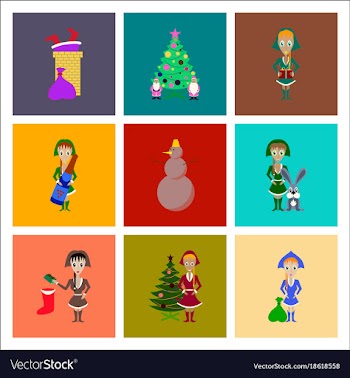Assembly flat christmas girl snowman tree gift box vector image