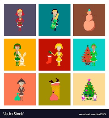 Assembly flat christmas girl snowman tree gift box vector image