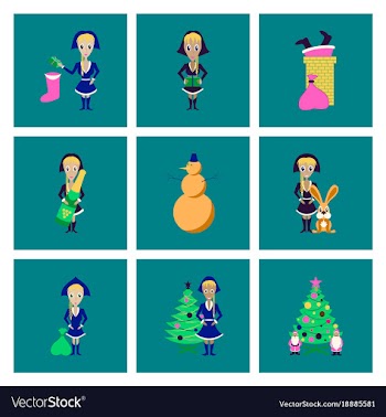 Assembly flat christmas girl snowman tree gift box vector image