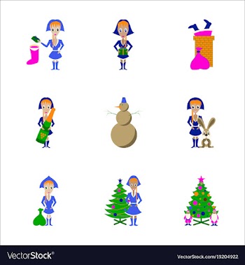 Assembly flat christmas girl snowman tree gift box vector image