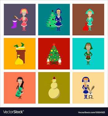 Assembly flat christmas girl snowman tree gift box vector image