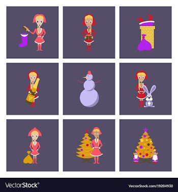 Assembly flat christmas girl snowman tree gift box vector image
