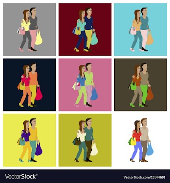 Assembly flat icons guy and girl with shopping vector image
