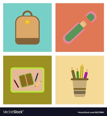 Assembly flat icons school bag usb pencil table vector image